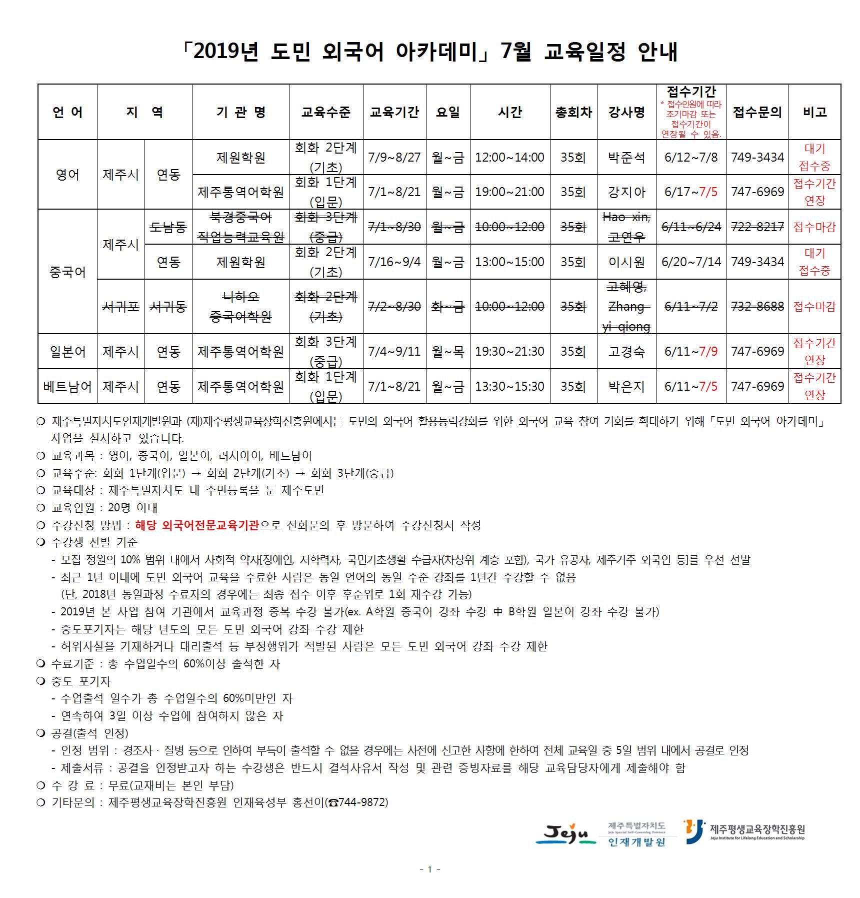 7월 제주도민 무료 외국어 회화 강좌 안내(단, 교재비는 본인 부담) 첨부이미지