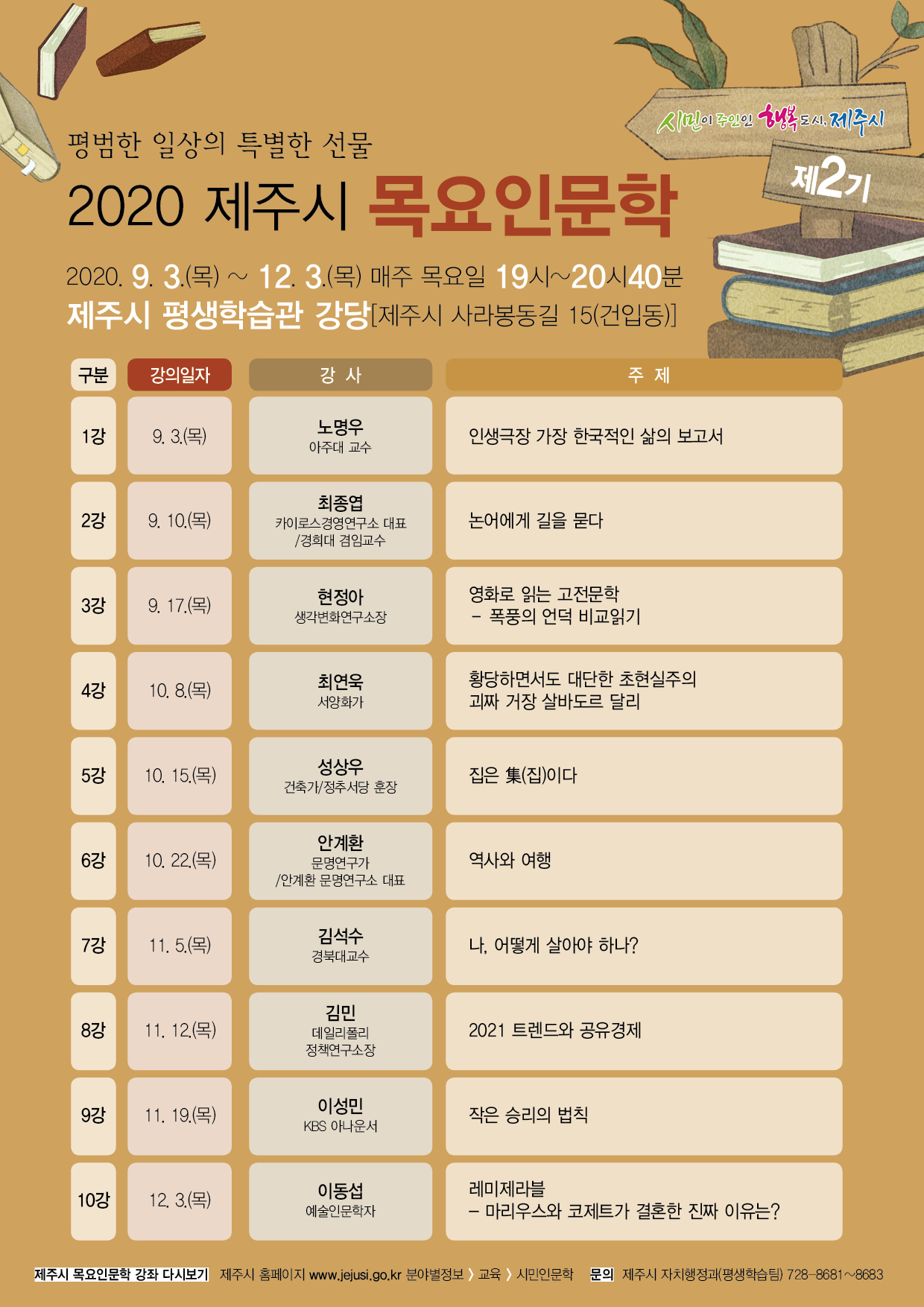 2020년 제주시 목요 인문학 강좌  안내 첨부이미지