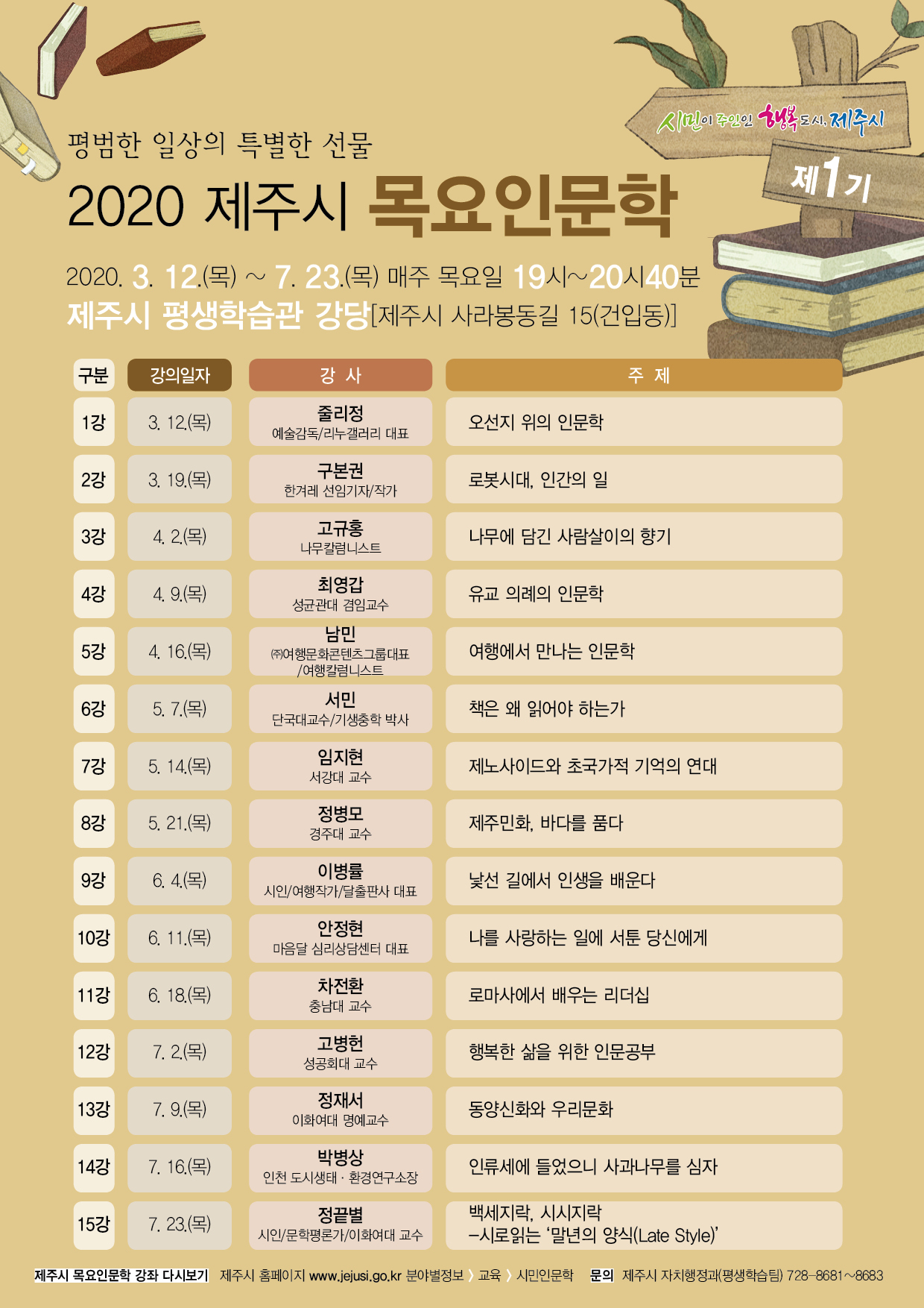 2020년 제주시 목요 인문학 강좌  안내 첨부이미지