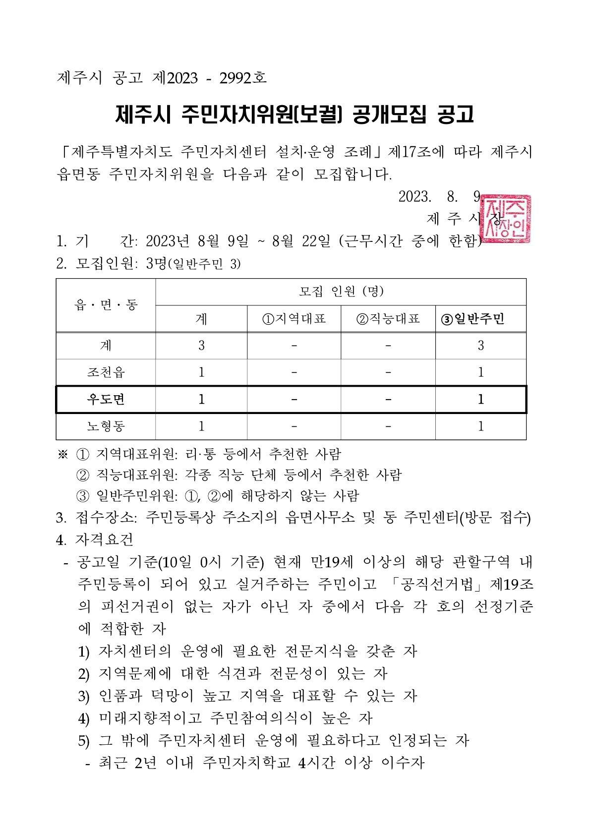 2023년 제주시 우도면 주민자치(보궐)위원 공고 첨부이미지