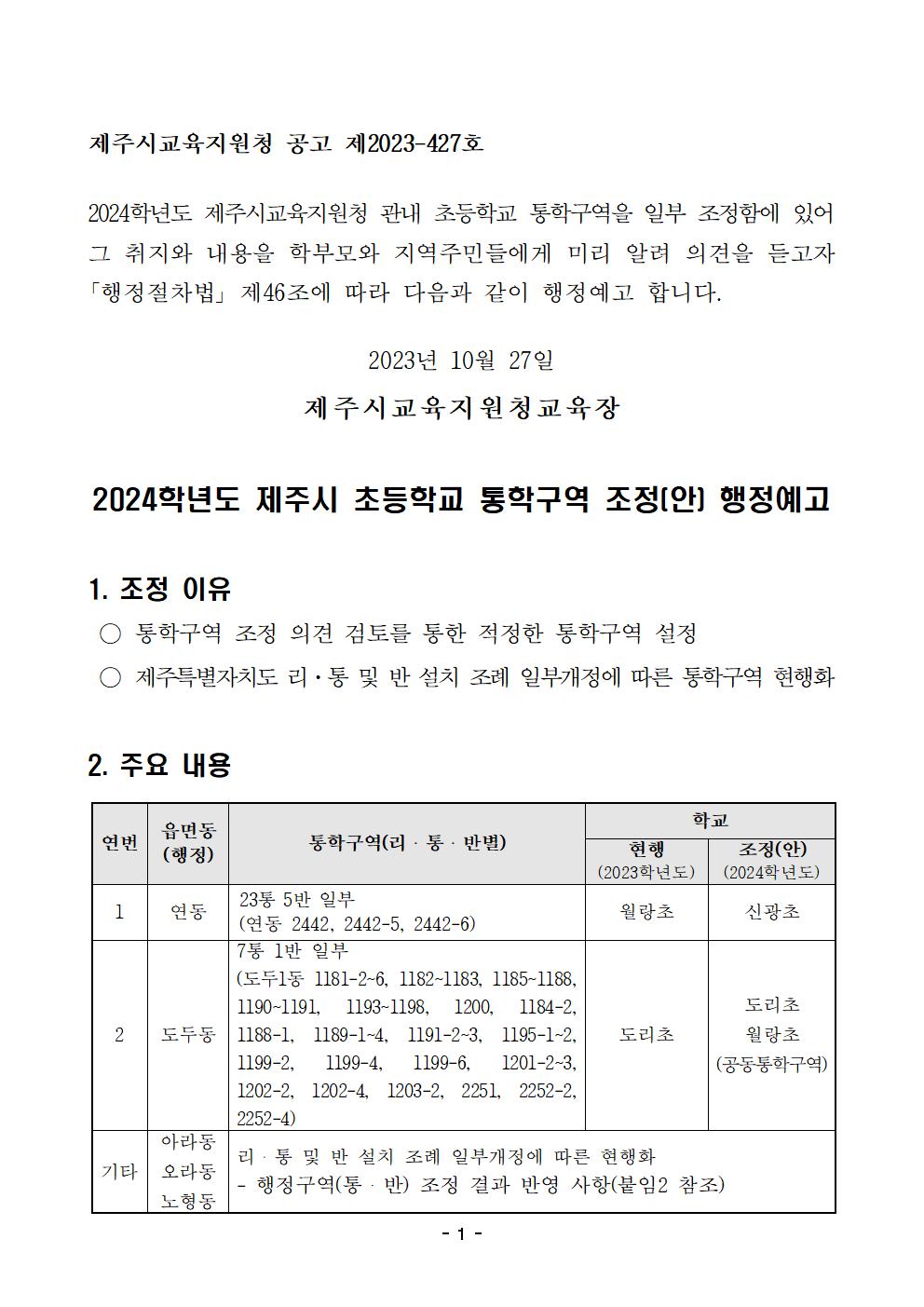2024학년도 제주시 초등학교 통학구역 조정(안)행정예고 알림 첨부이미지