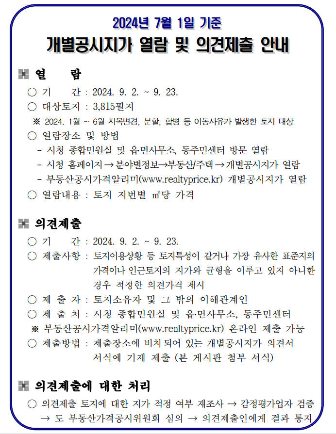 2024. 7. 1. 기준 개별공시지가 열람 및 의견제출 안내 첨부이미지