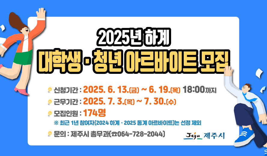 2025년 하계 대학생·청년 아르바이트 모집
신청기간 : 2025. 6. 13.(금) ~ 6.19.(목) 18:00까지
근무기간 : 2025. 7. 3.(목) ~ 7. 30.(수)
모집인원 : 174명
※최근 1년 참여자(2024하계·2025 동계 아르바이트)는 선정 제외
문의 : 제주시 총무과(☎064-728-2044)