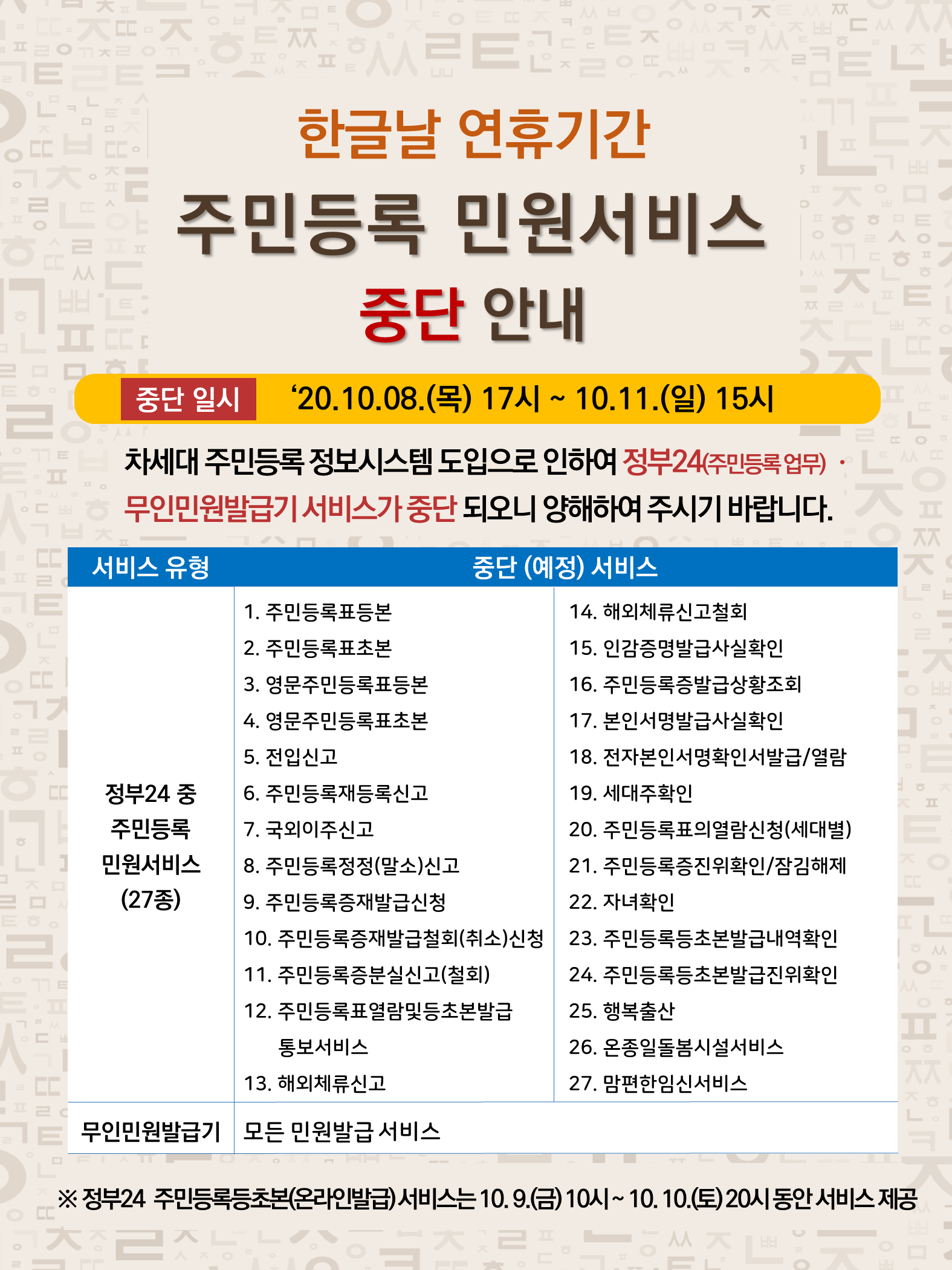 한글날 연휴기간 주민등록민원서비스 중단안내 첨부이미지