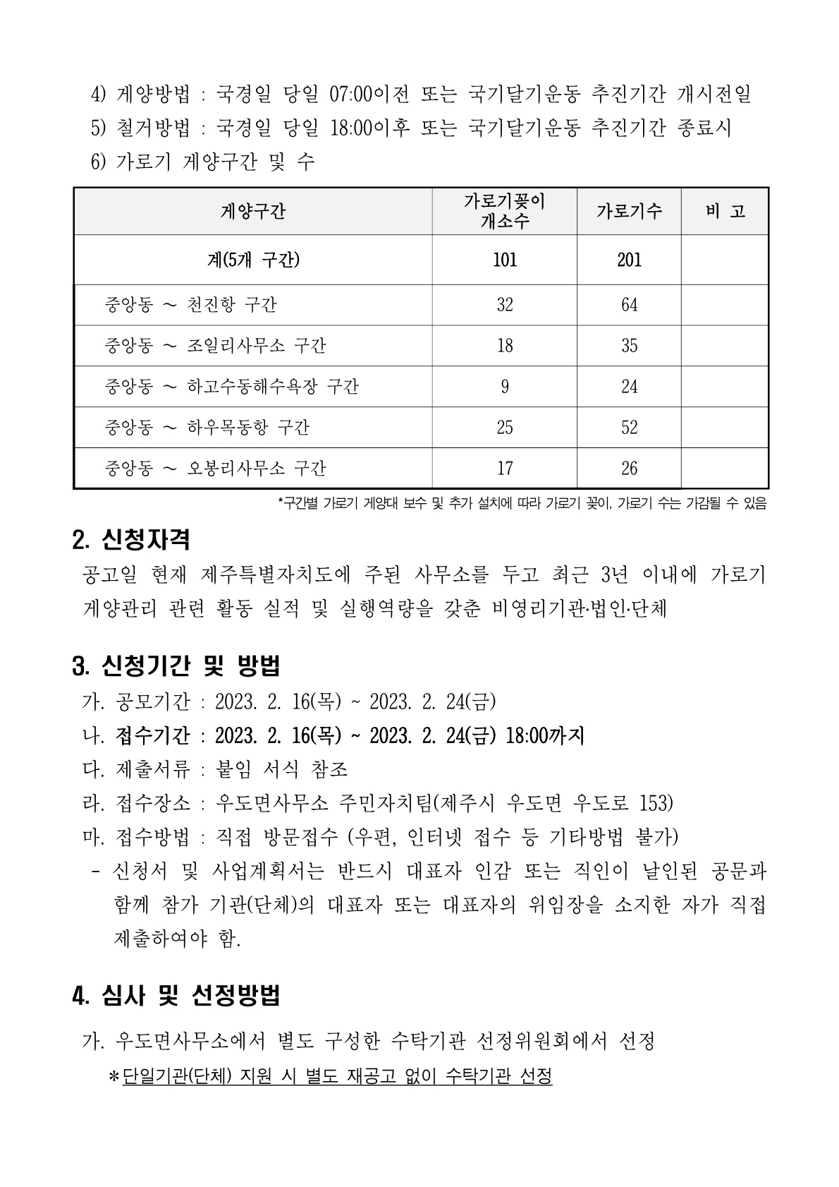 2023년 우도면 주요도로변 가로기 게양 관리대행 민간위탁사업 수탁기관 공개모집 첨부이미지